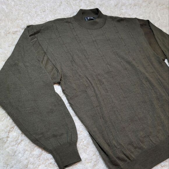 Fiji Italy Green Crew Neck Wool Blend Lightweight Ribbed Men's Sweater - Picture 3 of 7